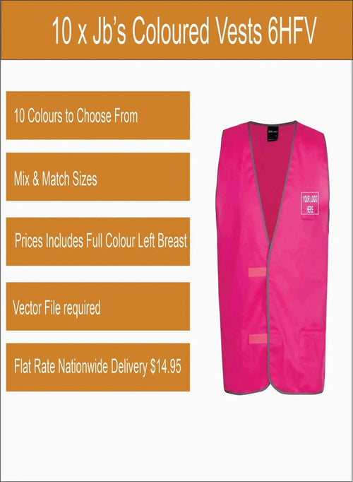 10 x Jb’s Printed Coloured Vests 6HFV Printed Packs