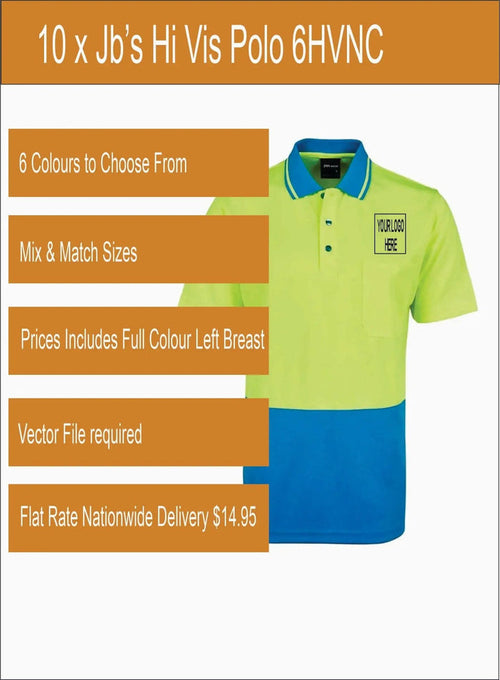 10 x Jb’s Printed Hi Vis Polo 6HVNC Printed Packs