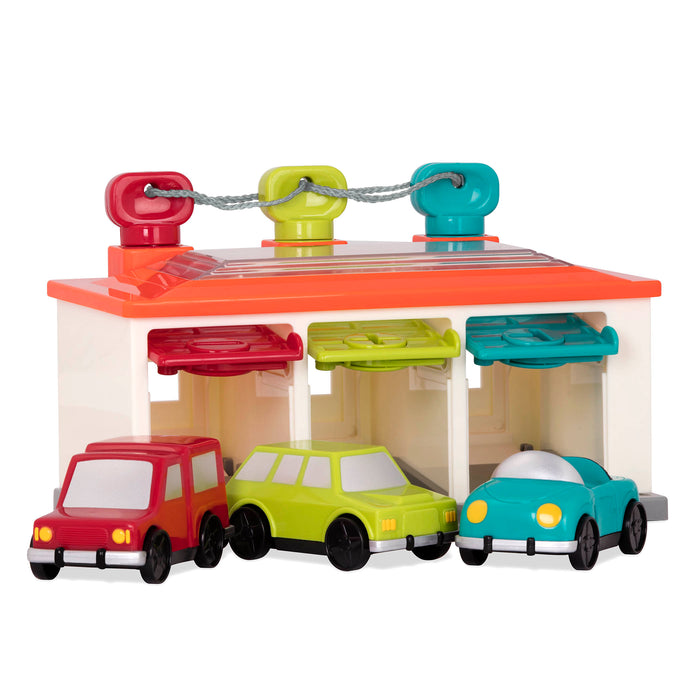 Toy garage and toy cars.