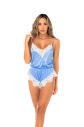 Sleep romper with lace trim accents, adjustable straps, and elasticized waist detail.