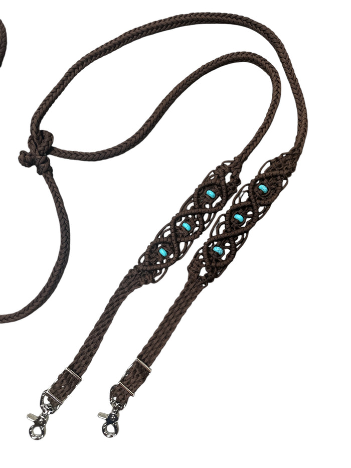 8' Fancy  braided beaded walnut loop reins with turquoise howlite and a romal.