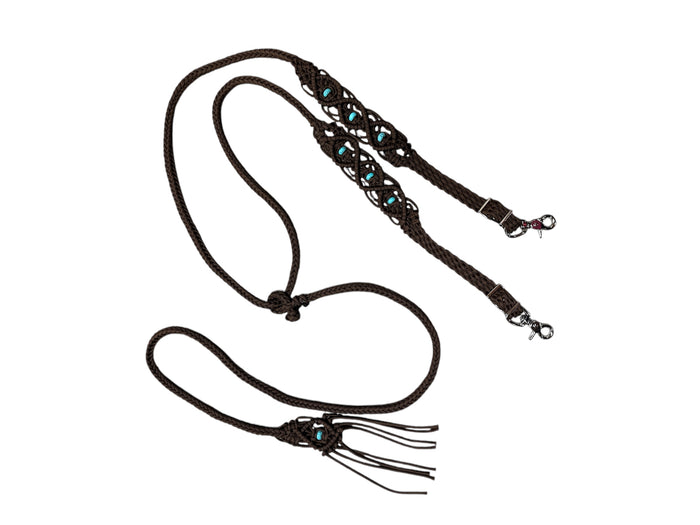 8' Fancy  braided beaded walnut loop reins with turquoise howlite and a romal.