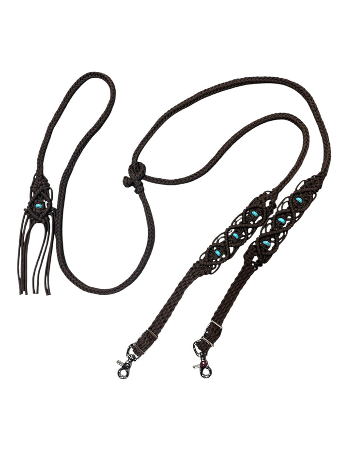 8' Fancy  braided beaded walnut loop reins with turquoise howlite and a romal.