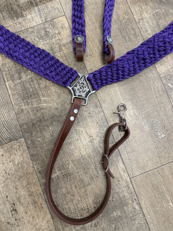 Mule tape horse tack set with breast collar and two ear headstall with conchos and Jeremiah Watt buckles