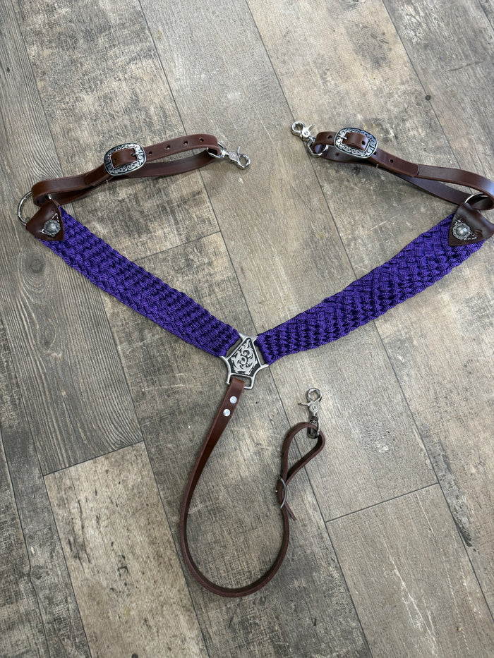 Mule tape horse tack set with breast collar and two ear headstall with conchos and Jeremiah Watt buckles