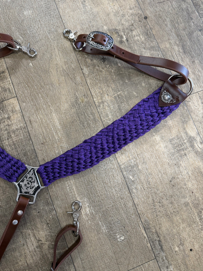 Mule tape horse tack set with breast collar and two ear headstall with conchos and Jeremiah Watt buckles
