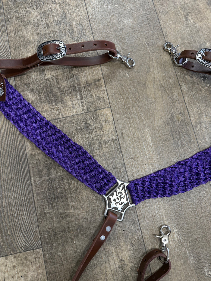 Mule tape horse tack set with breast collar and two ear headstall with conchos and Jeremiah Watt buckles