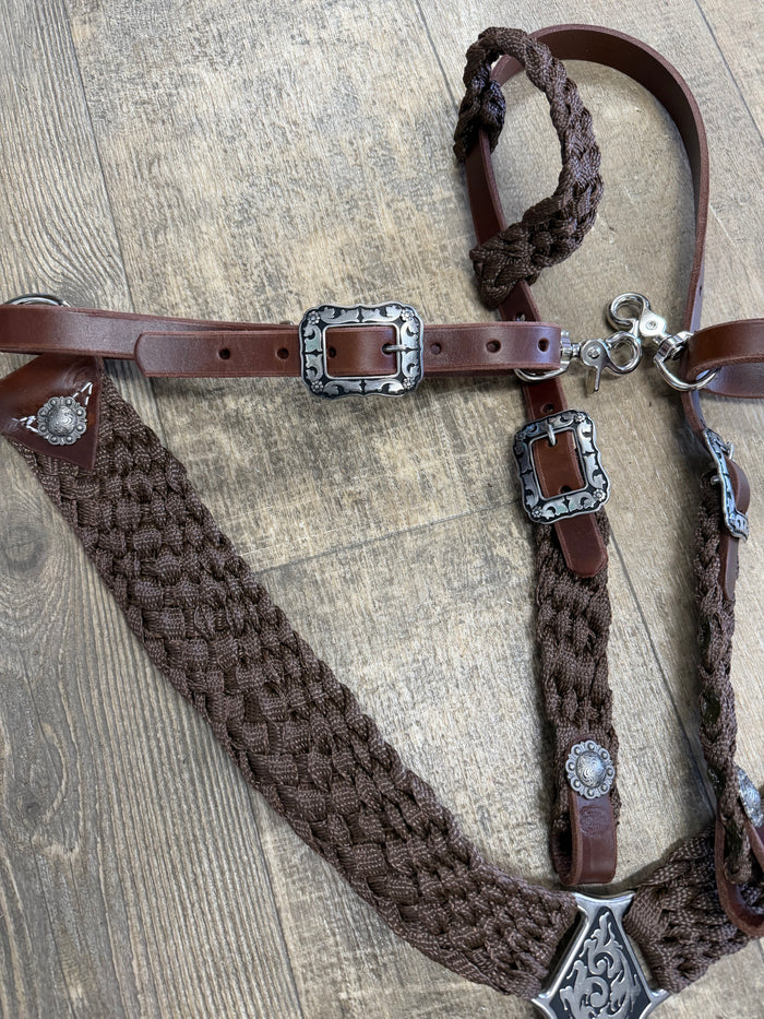 Mule tape horse tack set with breast collar and one ear headstall with conchos and Jeremiah Watt buckles