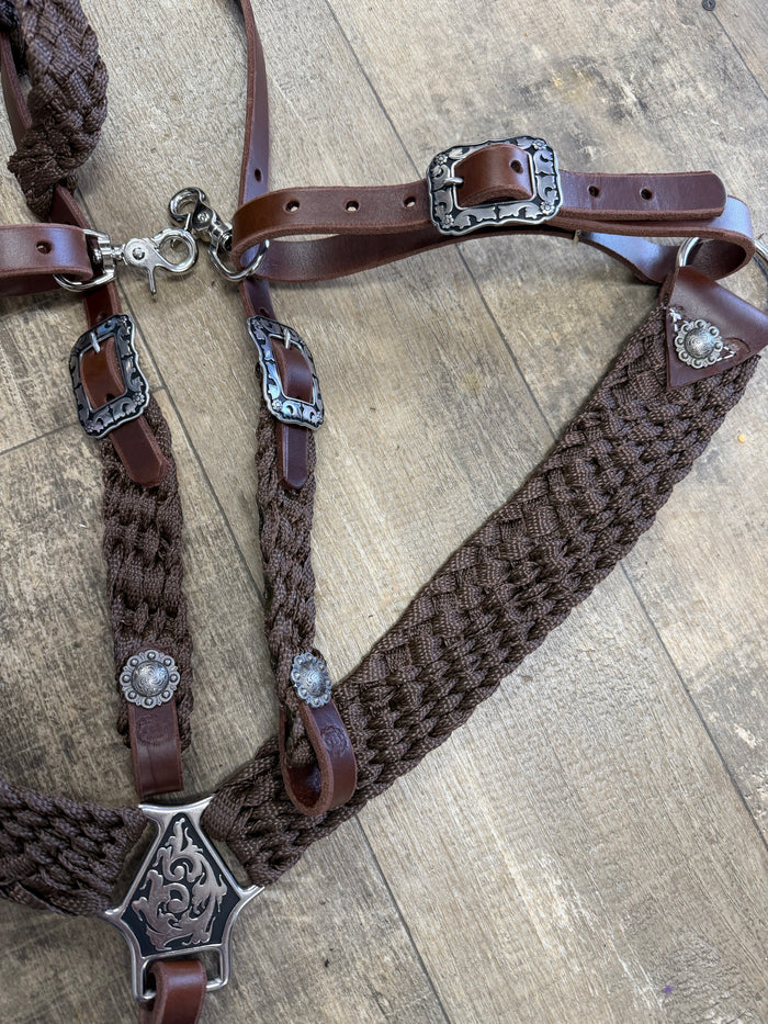 Mule tape horse tack set with breast collar and one ear headstall with conchos and Jeremiah Watt buckles