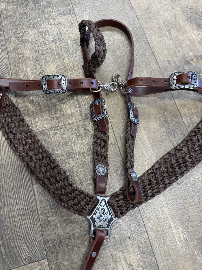 Mule tape horse tack set with breast collar and one ear headstall with conchos and Jeremiah Watt buckles