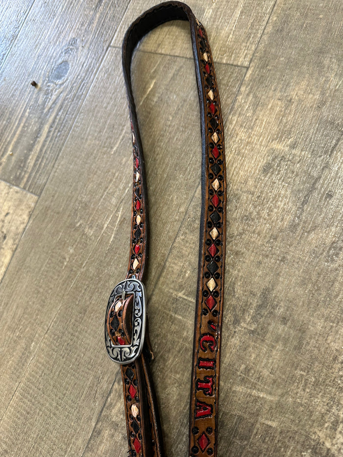 Personalized Four aces Hand painted and tooled  leather Headstall horse size