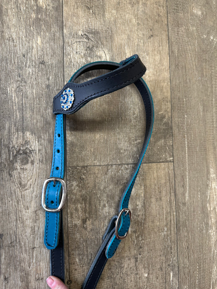 Butter soft black and turquoise leather one ear  Headstall with quick change buckles horse size - Tiffanys Braided Tack LLC
