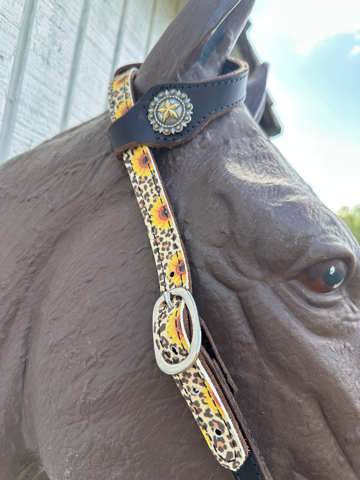 Butter soft cheetah sunflower leather one ear  Headstall with quick change buckles side pull hackamore bitless bridle horse size