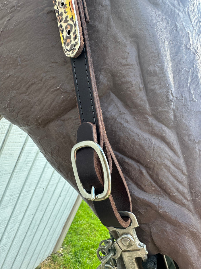 Butter soft cheetah sunflower leather one ear  Headstall with quick change buckles side pull hackamore bitless bridle horse size