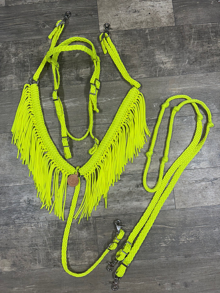 Neon Yellow Fringe horse tack set,  (fringe breast collar, reins, and bridle).