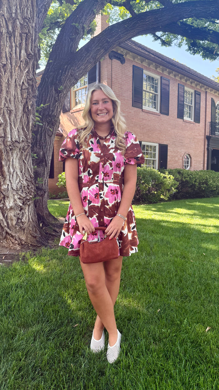 Floral Print Short Puff Sleeve Mini Dress