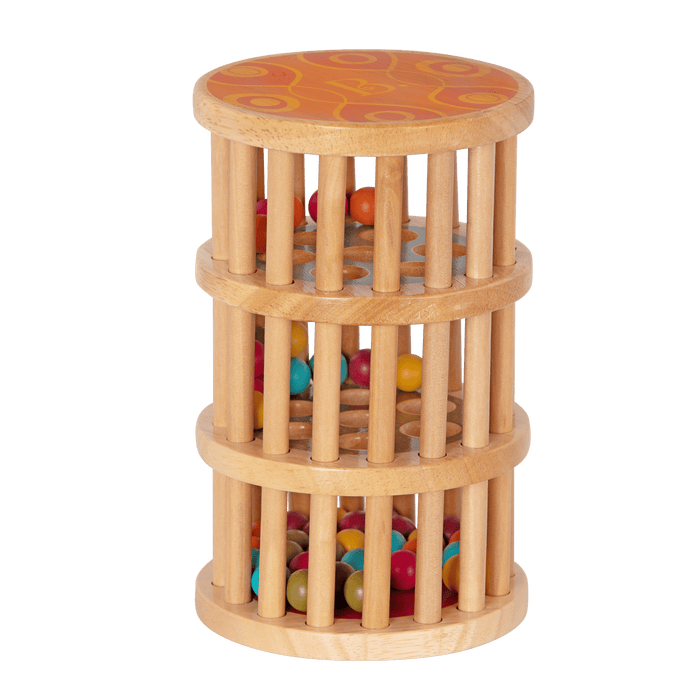 Rolling tower filled with colorful wooden marbles