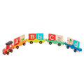 Colorful train toy with wooden alphabet tiles.
