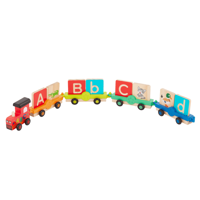 Colorful train toy with wooden alphabet tiles.