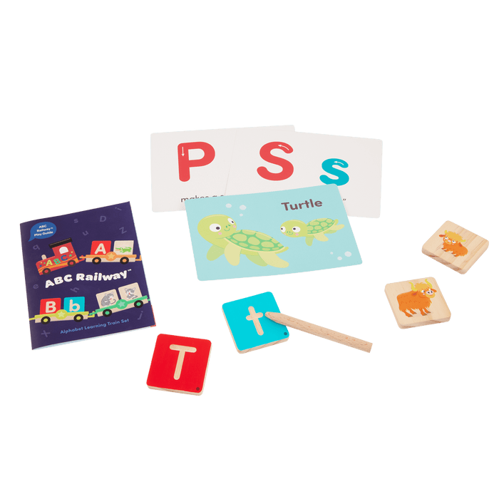 Colorful train toy with wooden alphabet tiles.