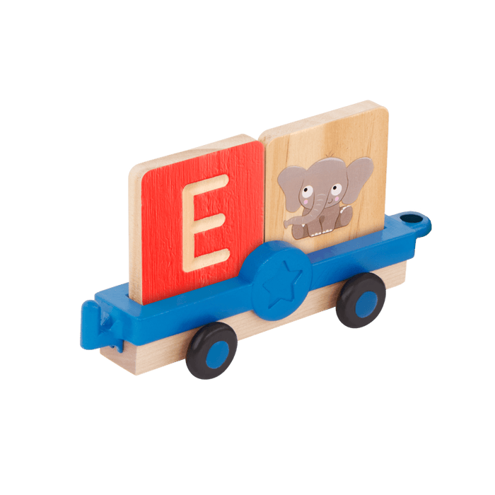Colorful train toy with wooden alphabet tiles.