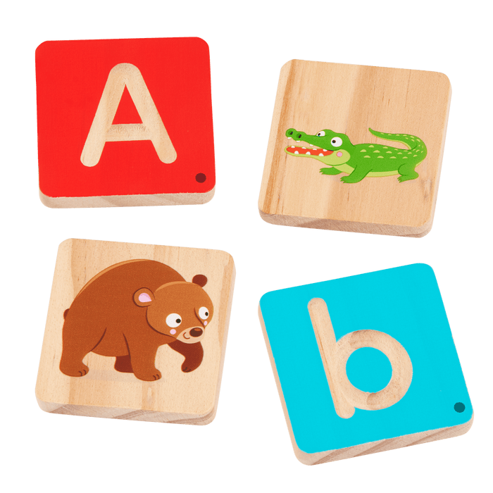 Colorful train toy with wooden alphabet tiles.