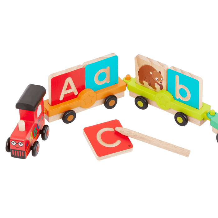 Colorful train toy with wooden alphabet tiles.