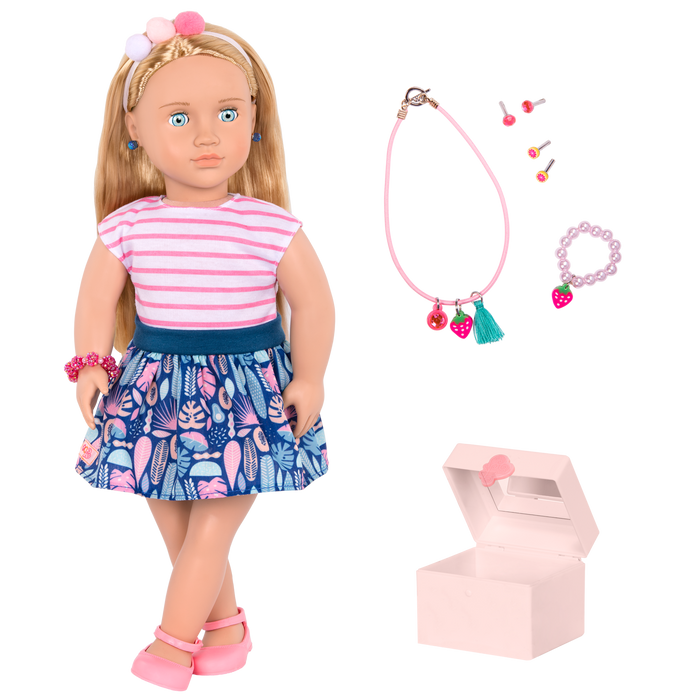 18-inch doll with blonde hair, pale blue eyes, jewelry and box