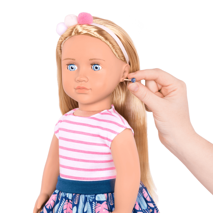 18-inch doll with blonde hair, pale blue eyes, jewelry and box