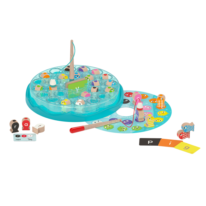 Colorful fishing playset with wooden fish toys, magnetic fishing rod toys, alphabet cards and a game board.