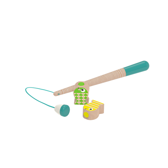 Colorful fishing playset with wooden fish toys, magnetic fishing rod toys, alphabet cards and a game board.