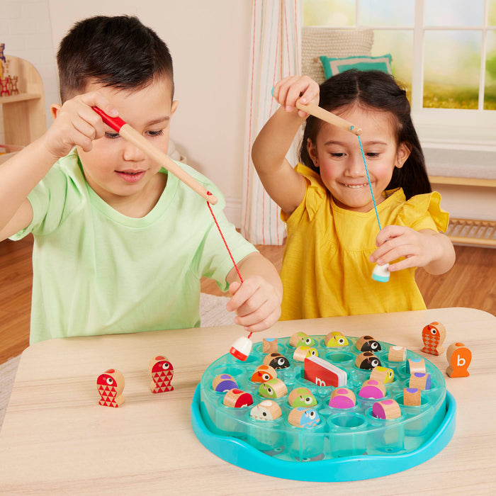 Colorful fishing playset with wooden fish toys, magnetic fishing rod toys, alphabet cards and a game board.