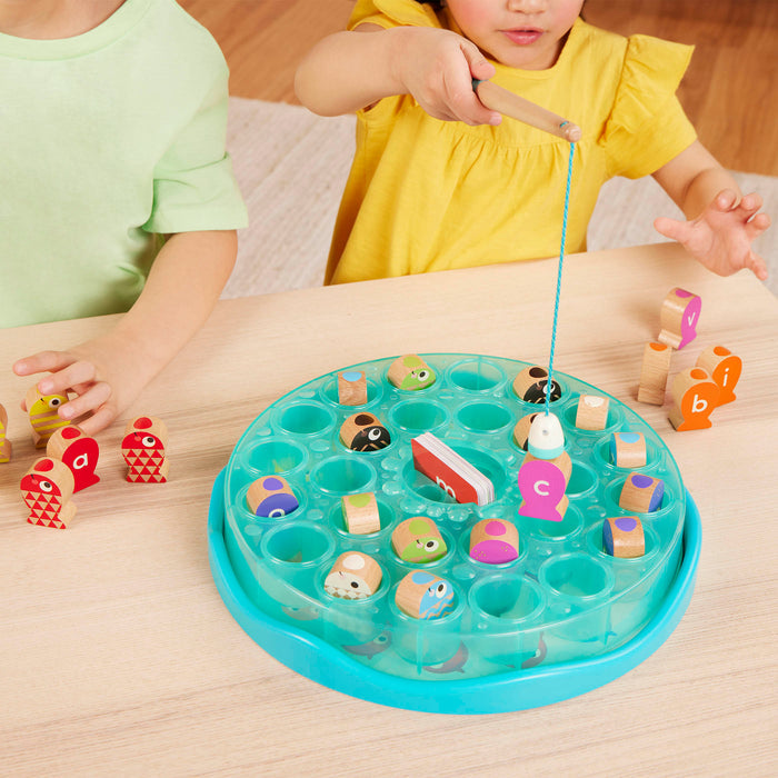 Colorful fishing playset with wooden fish toys, magnetic fishing rod toys, alphabet cards and a game board.