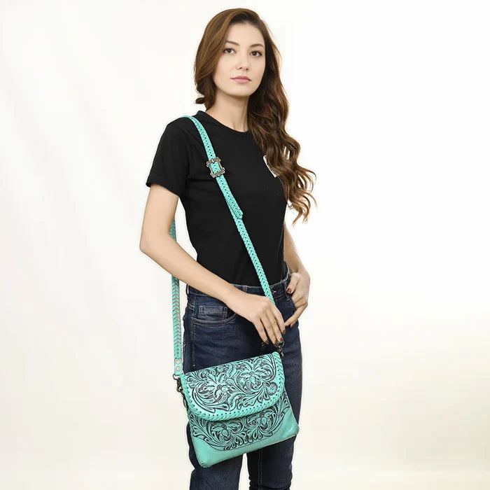 American Darling Leather Floral Tooled Crossbody Bag in Turquoise