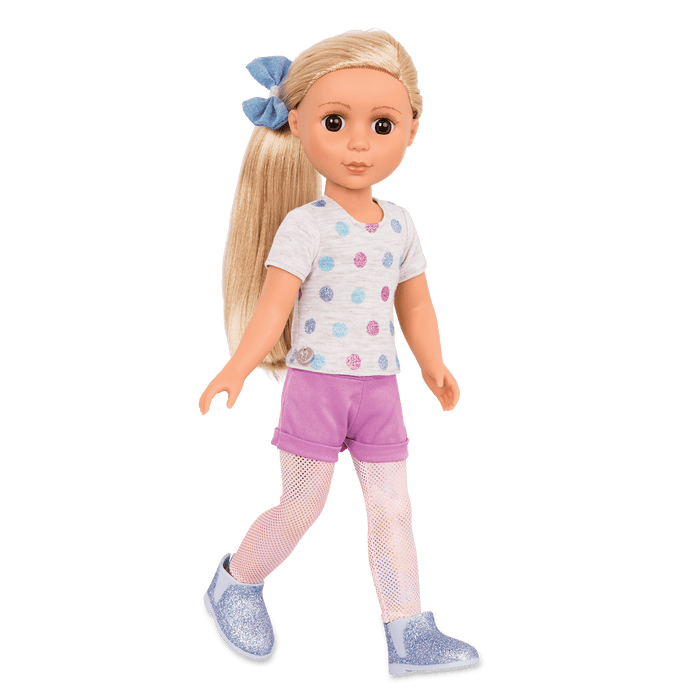 14-inch posable doll with blonde hair and brown eyes
