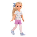 14-inch posable doll with blonde hair and brown eyes
