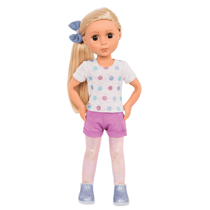 14-inch posable doll with blonde hair and brown eyes