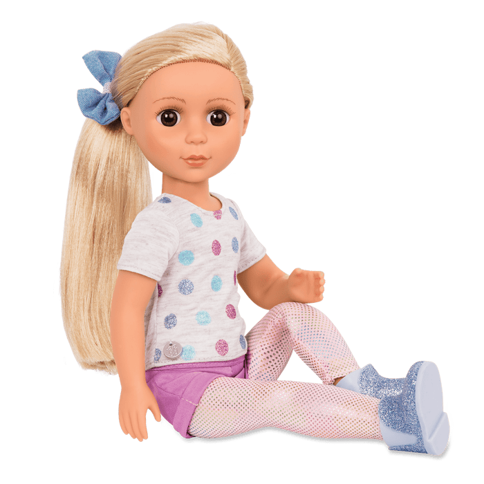 14-inch posable doll with blonde hair and brown eyes