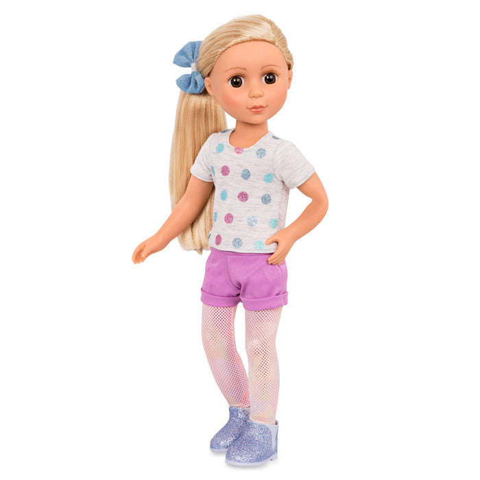 14-inch posable doll with blonde hair and brown eyes