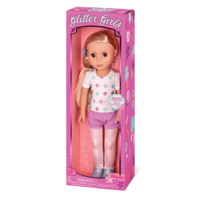 14-inch posable doll with blonde hair and brown eyes
