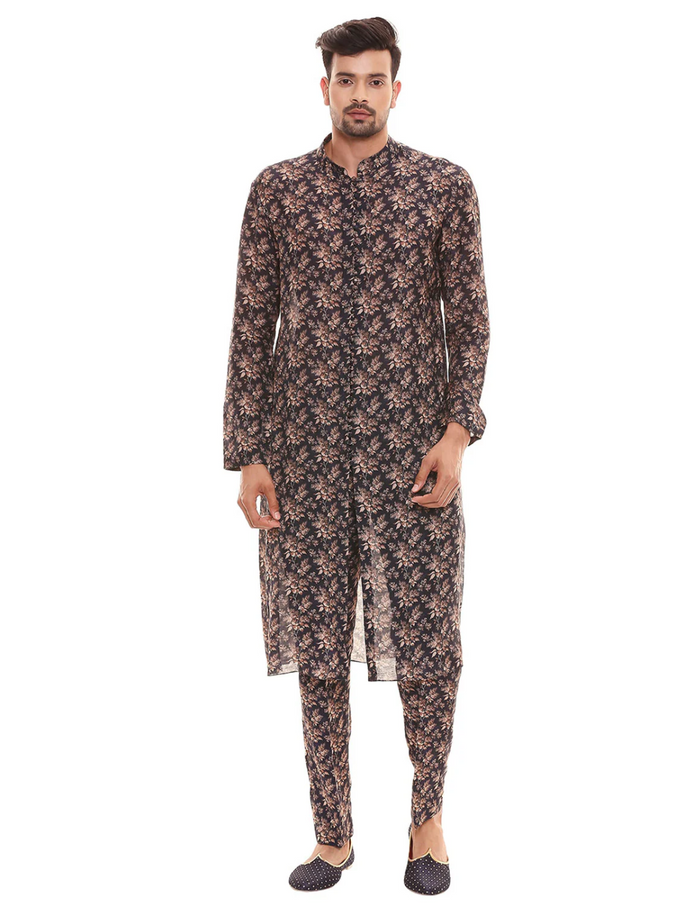 Applique Floral Printed Sherwani And Printed Chudidaar