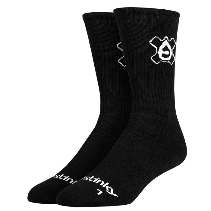 Two black socks with a logo on a white background