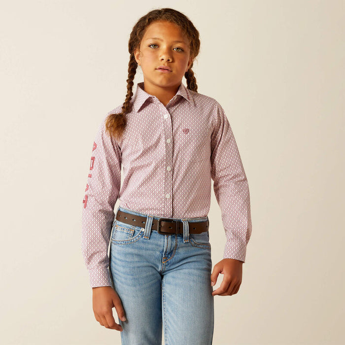 Ariat Girl's Team Kirby Western Button Down Shirt in Raspberry Geo Print