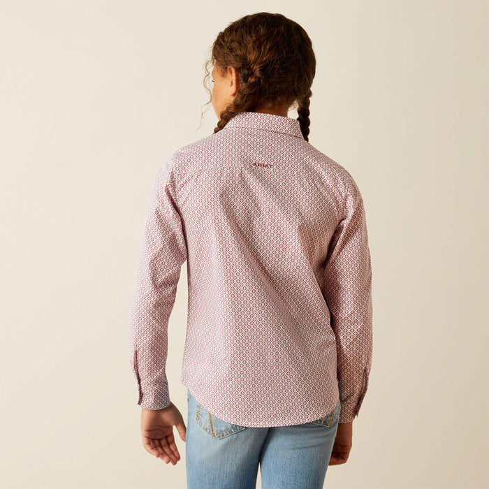Ariat Girl's Team Kirby Western Button Down Shirt in Raspberry Geo Print
