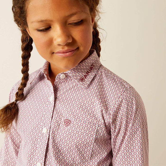 Ariat Girl's Team Kirby Western Button Down Shirt in Raspberry Geo Print
