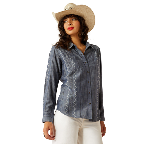 Ariat Women's REAL Billie Jean Western Button Down Shirt in Blue Chambray (Plus Sizes Available)