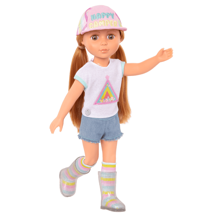 14-inch posable doll with red hair and hazel eyes