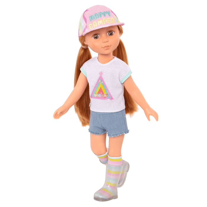 14-inch posable doll with red hair and hazel eyes