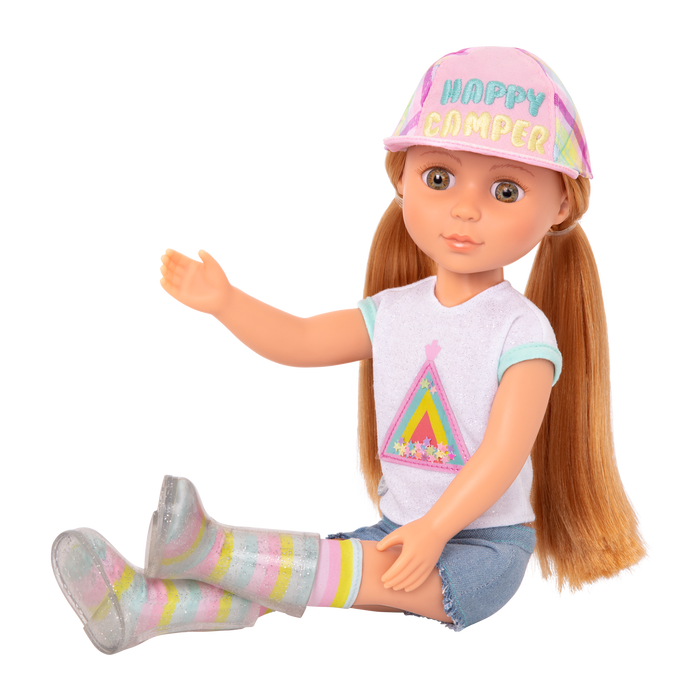 14-inch posable doll with red hair and hazel eyes