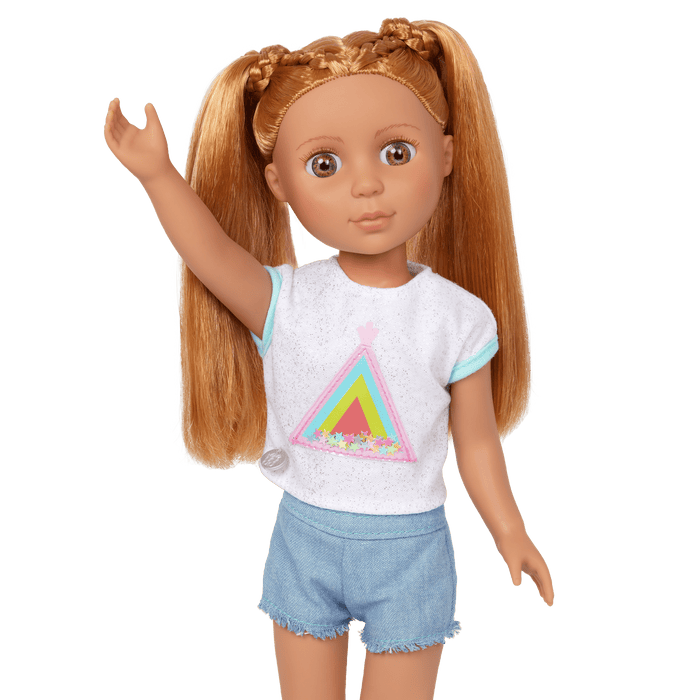 14-inch posable doll with red hair and hazel eyes